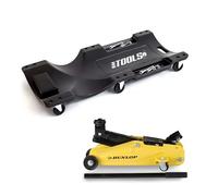 BM TOOLS Chariot de Visite Mécanicien Garagiste & Cric Rouleur Hydraulique Compact Dunlop 2T - Planche de Travail, 6 roulettes