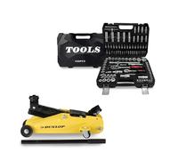 BM TOOLS Coffret Kit Outils 108 pcs Clé à Cliquet Douille & Cric Rouleur Hydraulique Compact Dunlop 2T - Mécanicien, Garagiste