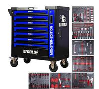BM TOOLS Servante d'atelier 9/7 Monster-Edition-Blue 7 tiroirs Pleins, 1 Porte & 1 tiroir Vertical - 257 Outils - sur roulettes