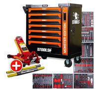 BM TOOLS Servante d'atelier 9/7 Monster-Edition-Orange 7 tiroirs Pleins 257 Outils + Cric hydraulique Kraft Muller 2,25T Rouge