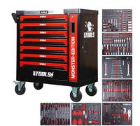 BM TOOLS Servante d'atelier 9/7 Monster-Edition-Red 7 tiroirs Pleins, 1 Porte & 1 tiroir Vertical - 257 Outils - sur roulettes Orange