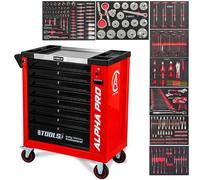 BM TOOLS Servante d'Atelier Garage Automobile Alpha-Pro - 9 Tiroirs - 311 Outils, 4 Roues, 2 Freins, Chariot Mecanicien - Rouge