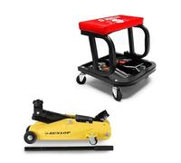 BM TOOLS Tabouret de Garagiste avec Plateau Outils de Rangement & Cric Rouleur Hydraulique Compact Dunlop 2T - Siège Rembourré