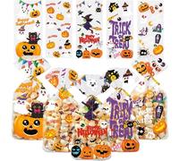 Bmeigo Lot de 100 sacs en cellophane transparent pour Halloween avec attaches torsadées - Sacs à bonbons sur le thème de la citrouille, araignée, fantôme, 5 designs pour bonbons, friandises