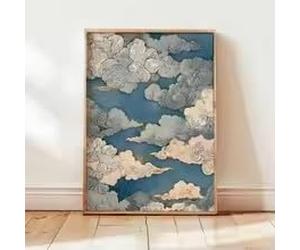 BMGKYAGL Affiche artistique nuageuse, imprimé ciel bleu et or, décoration élégante, art mural minimaliste zen sur toile (80 x 120 cm/cadre intérieur)