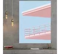BMGKYAGL Affiche balcon de motel, style milieu du siècle, art pastel, rose et bleu, Miami (États-Unis), minimaliste, architecture, décoration intérieure, art mural. (60 x 80 cm/Cadre intérieur)