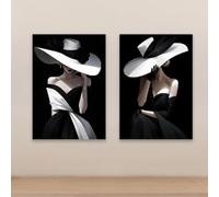 BMGKYAGL Affiche d'art moderne en noir et blanc représentant une élégante dame au chapeau, peinture sur toile, portrait de femme, impression décorative (60 x 90 cm x 2 / sans cadre)
