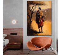 BMGKYAGL Affiche de peinture tribale africaine vintage, chef de la tribu Massaï, toile noire, impression, art mural, décoration de salon, cadre 60 x 90 cm