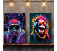BMGKYAGL Affiche et impressions d'art mural représentant un singe portant un casque audio, style graffiti, art de rue et pop, sur toile (80 x 120 cm x 2 / sans cadre)