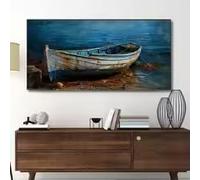 BMGKYAGL Affiche murale représentant un vieux bateau bleu sur des rochers côtiers (50 x 100 cm, sans cadre) - Décoration murale esthétique pour le salon ou la maison