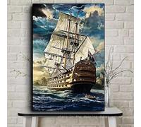 BMGKYAGL Affiche rétro représentant un voilier et un bateau pirate avec des oiseaux volants, imprimée sur toile, idéale pour la décoration murale de votre salon (30 x 45 cm/cadre intérieur).