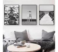 BMGKYAGL Affiche sur toile en noir et blanc, style nordique, représentant une plage, un bateau, un pont, un cocotier et un phare (20 x 30 cm x 3 / sans cadre)