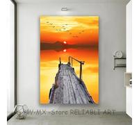 BMGKYAGL Affiches et impressions sur toile représentant un coucher de soleil, des nuages, des oiseaux, un lac et un pont en bois, décoration murale pour la maison, cadre 80 x 120 cm