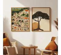 BMGKYAGL Affiches murales sur toile représentant un village tribal avec un coucher de soleil doré, style bohème, pour la décoration du salon (40 x 60 cm x 2 / sans cadre)