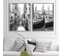 BMGKYAGL Affiches photo en noir et blanc d'architecture, Italie, Venise, paysage de rue, impressions sur toile, décoration de salon (60 x 90 cm x 2 / cadre intérieur)