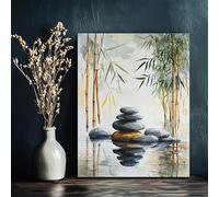 BMGKYAGL Affiches sur toile « Tranquillit頻 - Pierres empilées et bambou - Décoration murale apaisante pour salon moderne (60 x 90 cm/Cadre intérieur)