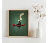 BMGKYAGL Bigfoot sur un canoë rouge, décoration murale pour maison au bord du lac, affiche rétro sur toile, Sasquatch fantaisiste et amusant (70 x 100 cm, cadre intérieur)