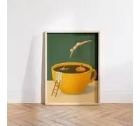 BMGKYAGL Décoration murale « Nager dans le caf頻 - Plongeurs ludiques dans une tasse à café jaune, une pièce originale et amusante pour agrémenter votre pause-café (50 x 70 cm/Cadre intérieur)