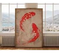 BMGKYAGL Décoration murale style Ukiyo-e représentant des carpes koï rouges - Art serein d'inspiration asiatique pour un coin salon ou une décoration murale de chambre (40x60cm/cadre intérieur)