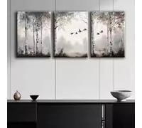 BMGKYAGL Ensemble de 3 tableaux sur toile représentant des bouleaux argentés et des oiseaux, décoration murale moderne pour la maison et le bureau, affiches classiques (60 x 80 cm x 3 / sans cadre)