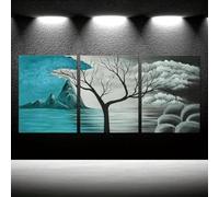 BMGKYAGL Grand tableau décoratif texturé moderne 3 pièces gris et bleu sarcelle toile Art mural abstrait nuage arbre photos paysage affiches 60x90cmx3 cadre
