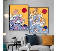 BMGKYAGL Images amusantes, style dessin animé, animaux, la vague d'affiches, art mural, peinture, décoration de chambre Kawaii, 50 x 70 cm, sans cadre