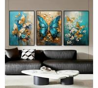 BMGKYAGL Impression sur toile texturée, papillons dorés et bleus, 50 x 70 cm, 3 cadres