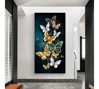BMGKYAGL Magnifique impression sur toile avec papillon doré et bleu, décoration murale de luxe pour salon, maison, bureau, salle de classe, contemporain, 70 x 140 cm, sans cadre