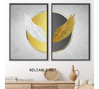 BMGKYAGL Peinture sur toile avec ailes en plumes blanches et dorées, 2 panneaux, affiche de luxe et impressions, art mural, décoration de salon, maison, 40 x 60 cm, 2 cadres