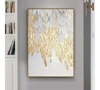 BMGKYAGL Peinture sur toile avec plumes et feuilles en or blanc, grande taille, art mural de luxe, image abstraite pour salon, décoration d'intérieur, 50 x 70 cm, sans cadre