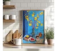 BMGKYAGL Tableau à l'huile sur toile représentant une table de petit-déjeuner avec des fleurs jaune vif, une théière et des livres (80 x 120 cm avec cadre).