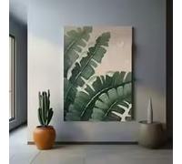BMGKYAGL Tableau à l'huile sur toile texturée contemporaine représentant une feuille de bananier, idéal pour la décoration murale du salon (60 x 90 cm, sans cadre).