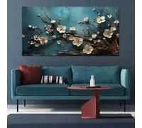 BMGKYAGL Tableau abstrait moderne représentant des branches de fleurs brunes et dorées, des pétales blancs et une peinture bleue. Décoration murale pour la maison (30 x 60 cm/cadre intérieur).