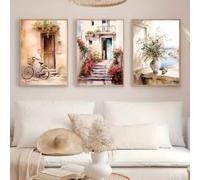 BMGKYAGL Tableau mural aquarelle paysage méditerranéen combinant des scènes géométriques modernes et des peintures de nature dans un vase d'angle de jardin (80 x 120 cm x 3 / cadre intérieur)