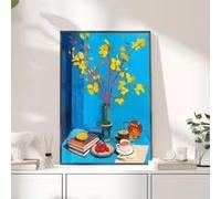 BMGKYAGL Tableau ou impression sur toile représentant une table de petit-déjeuner avec des fleurs jaune vif, une théière, des livres et des fruits (20x30cm/sans cadre)