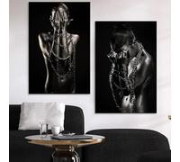 BMGKYAGL Tableau sur toile représentant une femme africaine en noir et or, affiche et impressions, art mural pour la décoration intérieure du salon (80 x 120 cm x 2 / cadre intérieur)