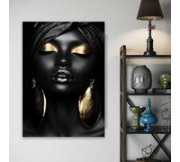 BMGKYAGL Tableau sur toile représentant une femme africaine noire et or, style classique vintage, affiche murale, portrait de femme noire et or (50x70cm/cadre intérieur)