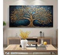BMGKYAGL Toile murale abstraite représentant un arbre de vie, branches dorées et bleu marine, avec oiseaux, décoration d'intérieur, grande taille, 70 x 140 cm, sans cadre
