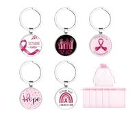 BMGRKYQX 5pcs Porte-Clés Octobre Rose Ruban,Cancer du Sein Porte-Clés avec Sac en Organza Rose, Accessoires Cadeau Mots Inspirants pour Femmes