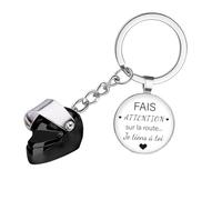 BMGRKYQX Porte-clés Voiture Moto avec Casque Porte Clef Pendentif Personnalisé avec Fais attention sur la route Cadeau pour Homme Femme Ami