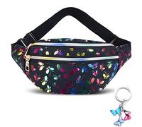 BMHNQ Sac Banane Fille Sac Ceinture Femme Cuir PU Sacoche de Ceinture Brillant Sacs Bananes Holographic Réflet Holographique Pochette de Voyage Bum Bag Le Noir, Ajouter 1 Un Porte Clés Papillon.