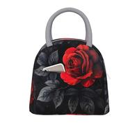 bmnaswt Sac à déjeuner isotherme avec poche avant, sac à déjeuner isotherme avec fermeture éclair et imprimé rose rouge et feuilles noires