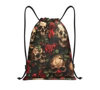 bmnaswt Sac à dos pliable avec cordon de serrage imprimé tête de mort et rose rouge pour la plage, la randonnée, la gym et les courses quotidiennes, Noir , M, Sac à dos de voyage