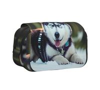 bmnaswt Trousse à stylos double coquillage imprimé chien husky, pochette en tissu Oxford avec poches zippées, cadeau idéal