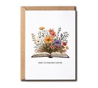 BMSDesigns Carte de vœux « Here's To Your Next Chapter » - Livre ouvert avec fleur - Carte de félicitations pour nouveau chapitre