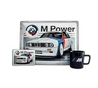 BMW Coffret cadeau 3 pièces E30 - En tôle - Motif sport automobile - Carte postale en tôle - M Perfomance - Tasse cadeau - Tasse à café