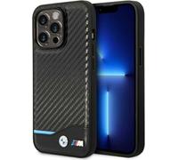 BMW Leather Carbon Blue Line - Coque pour iPhone 14 Pro (Noir)
