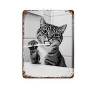 BNCEDJK Poster en métal avec chat qui se brosse les dents - Décoration murale - 30 x 40 cm