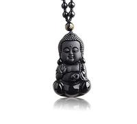 BNfthRT Pendentif bouddha sculpté en obsidienne noire naturelle, avec amulette, chaîne de perles porte-bonheur, collier for femme et homme, bijoux populaires