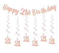 bng-bng Décorations de fête d'anniversaire 21e anniversaire or rose avec bannière « Happy 21st Birthday » à suspendre pour fille, femme, adulte, 21 ans